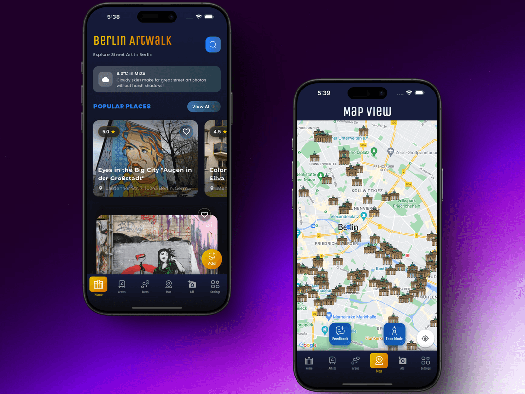 Berlin Artwalk app preview showing street art map